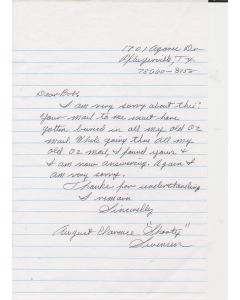 Handwritten letter signed by Munchkin August Clarence "Shorty" Swensen