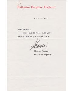 Katherine Hepburn letter signed by personal assistant