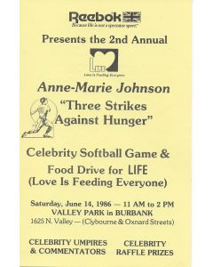 Anne-Marie Johnson "Three Strikes Against Hunger" Celebrity Softball Game Signed Program 1986