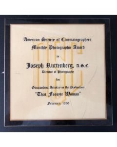 Joseph Ruttenberg "American Society of Cinematographers" February 1950 Award for Outstanding Artistry in the Production of "That Forsyte Woman"