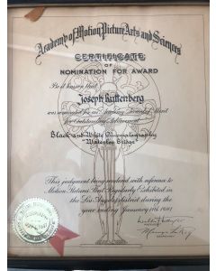 Joseph Ruttenberg "ACADEMY AWARDS NOMINATION CERTIFICATE" 1927 for Black and White Cinematography "Waterloo Bridge"