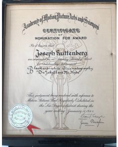 Joseph Ruttenberg "ACADEMY AWARDS NOMINATION CERTIFICATE" 1927 for Black and White Cinematography "Dr. Jekyll and Mr. Hyde"