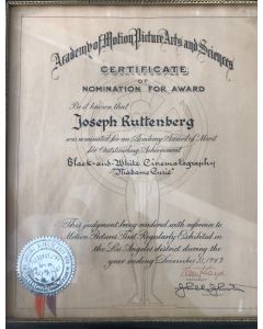 Joseph Ruttenberg "ACADEMY AWARDS NOMINATION CERTIFICATE" 1943 for Black and White Cinematography "Madame Curie"